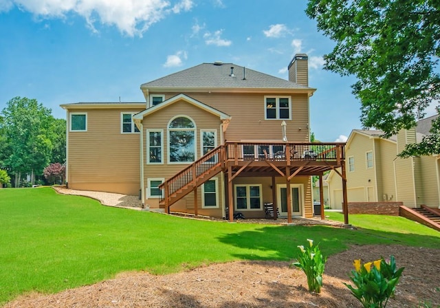 2521 Wood Creek Ct, Dacula, GA 30019 - rear view of property with a deck, a chimney, stairs, and a yard