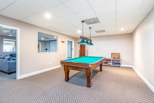 playroom with carpet, billiards, and a drop ceiling