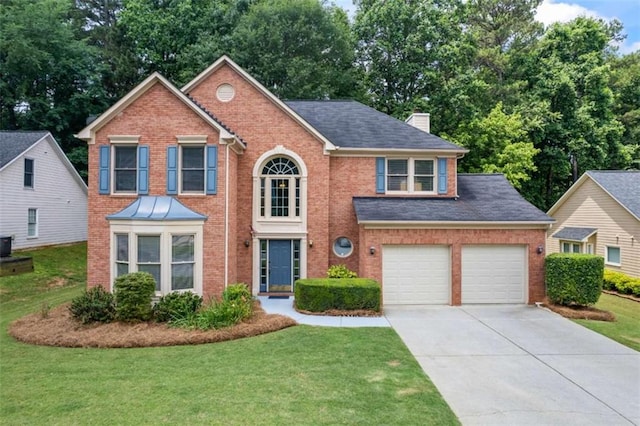3652 Morning Creek Ct, Suwanee, GA 30024 - view of front of home featuring brick siding, driveway, a chimney, and a front lawn