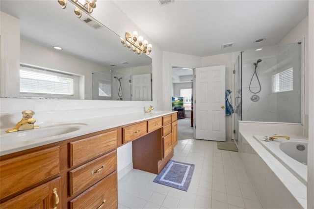 3652 Morning Creek Ct, Suwanee, GA 30024 - bathroom with a stall shower, double vanity, a garden tub, and tile patterned floors