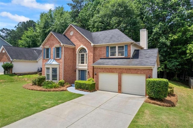3652 Morning Creek Ct, Suwanee, GA 30024 - view of front facade featuring a chimney, concrete driveway, brick siding, a front yard, and a garage
