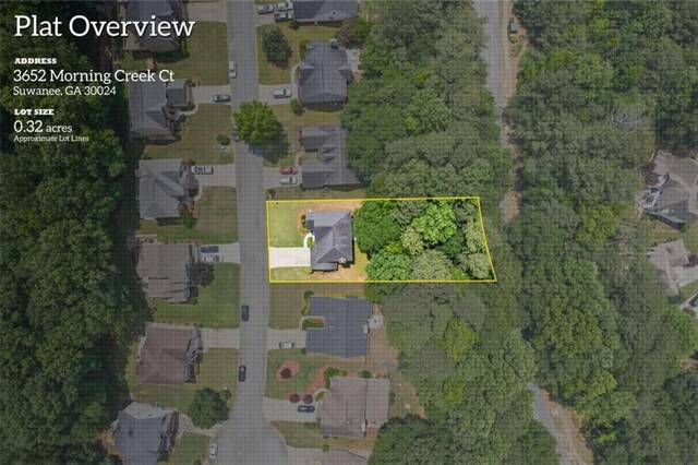3652 Morning Creek Ct, Suwanee, GA 30024 - aerial view of property and surrounding area with property parcel outlined