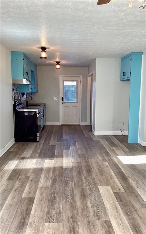 5085 Truman Mountain Rd, Gainesville, GA 30506 - kitchen with blue cabinetry, under cabinet range hood, electric stove, a textured ceiling, and baseboards