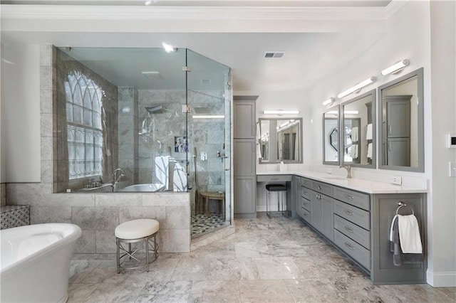 2160 Bradley Trl, Cumming, GA 30041 - full bathroom with a shower stall, a soaking tub, vanity, and crown molding
