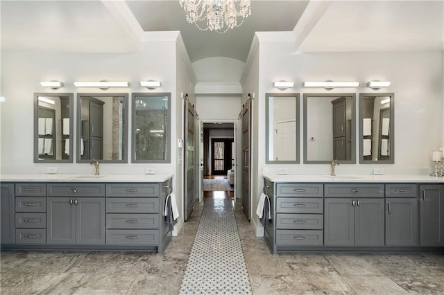 2160 Bradley Trl, Cumming, GA 30041 - ensuite bathroom featuring ornamental molding, a chandelier, two vanities, and tiled shower