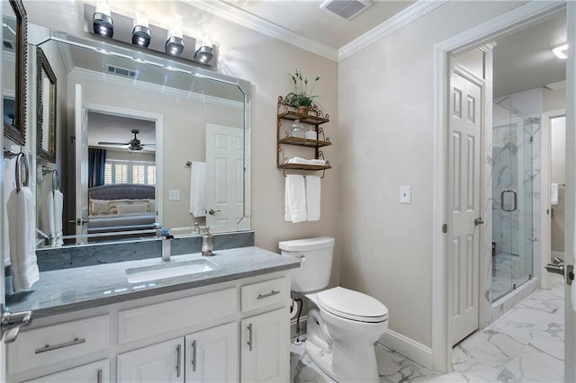 2160 Bradley Trl, Cumming, GA 30041 - full bathroom featuring marble look tile flooring, baseboards, toilet, a shower stall, and ceiling fan
