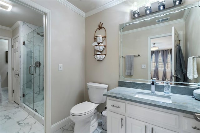 2160 Bradley Trl, Cumming, GA 30041 - full bath with marble look tiles, a marble finish shower, toilet, vanity, and ornamental molding