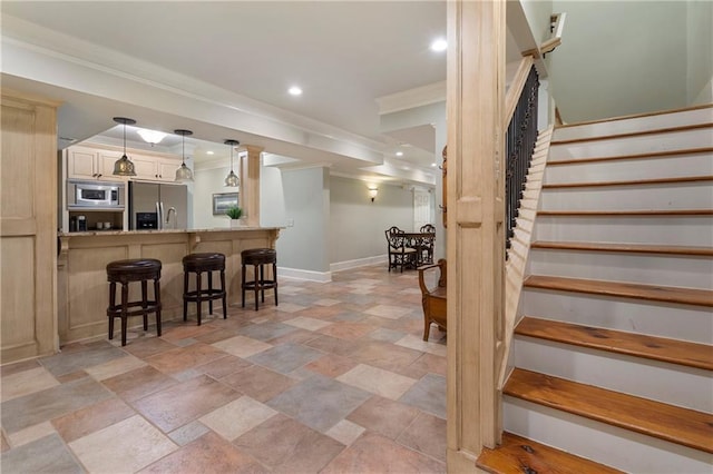 2160 Bradley Trl, Cumming, GA 30041 - stairs with ornamental molding, baseboards, stone finish flooring, and recessed lighting