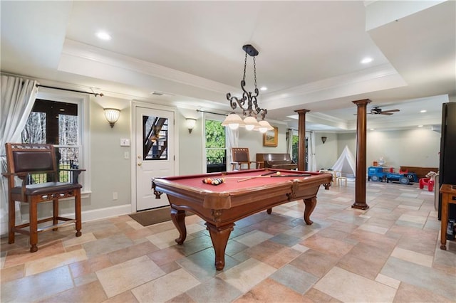 2160 Bradley Trl, Cumming, GA 30041 - rec room featuring a tray ceiling, pool table, decorative columns, stone tile flooring, and ornamental molding