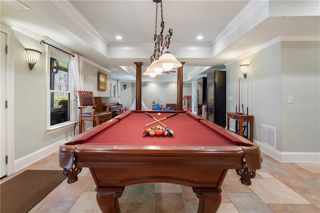 2160 Bradley Trl, Cumming, GA 30041 - game room with billiards table, ornate columns, baseboards, a tray ceiling, and crown molding