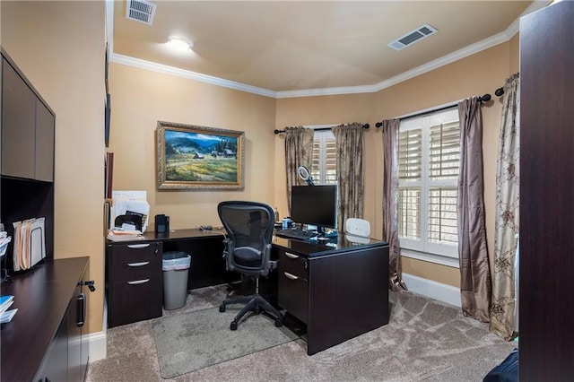 2160 Bradley Trl, Cumming, GA 30041 - office area featuring baseboards, ornamental molding, and light colored carpet