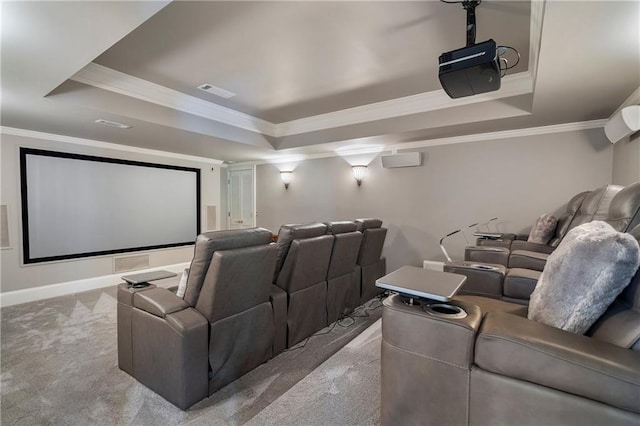 2160 Bradley Trl, Cumming, GA 30041 - cinema with a tray ceiling, ornamental molding, carpet floors, and baseboards