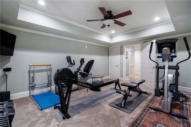 2160 Bradley Trl, Cumming, GA 30041 - workout area with a tray ceiling, ceiling fan, baseboards, crown molding, and recessed lighting
