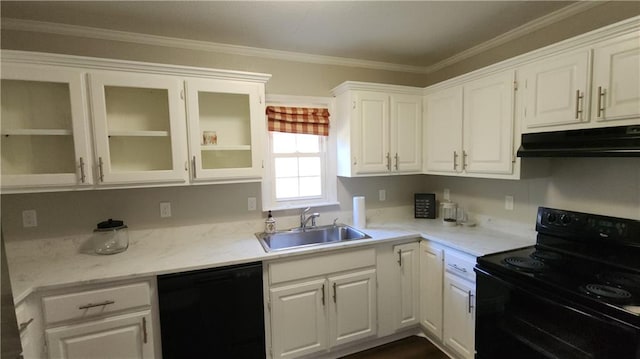 kitchen with crown molding, white cabinetry, sink, and black appliances