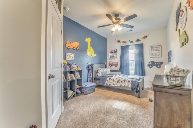 carpeted bedroom with ceiling fan