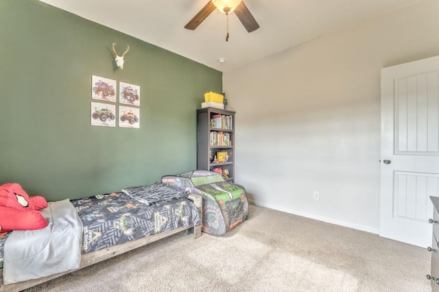 bedroom featuring carpet flooring, baseboards, and a ceiling fan