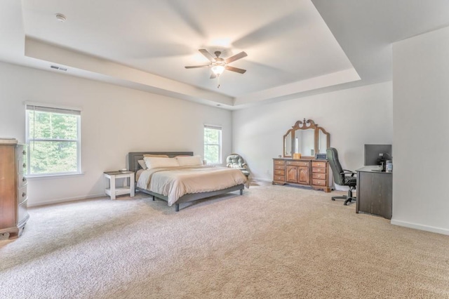 bedroom featuring a tray ceiling, multiple windows, and carpet