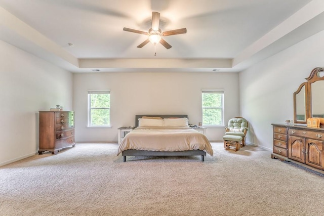 bedroom featuring a tray ceiling, multiple windows, and carpet flooring