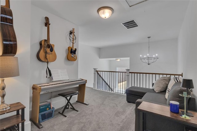 147 Wolf Creek Cv, Lagrange, GA 30240 - sitting room featuring carpet floors, an upstairs landing, a chandelier, and attic access