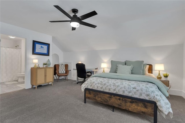 147 Wolf Creek Cv, Lagrange, GA 30240 - carpeted bedroom with lofted ceiling, a ceiling fan, and connected bathroom