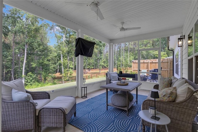 147 Wolf Creek Cv, Lagrange, GA 30240 - sunroom / solarium featuring ceiling fan, an outdoor hangout area, and view of scattered trees