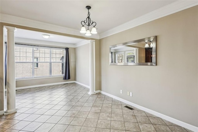 spare room with light tile patterned flooring, crown molding, and a notable chandelier