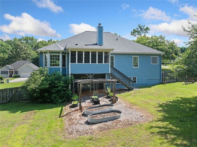 604 Greenleaf Way, Ball Ground, GA 30107 - back of house featuring a sunroom, a chimney, a shingled roof, and stairs