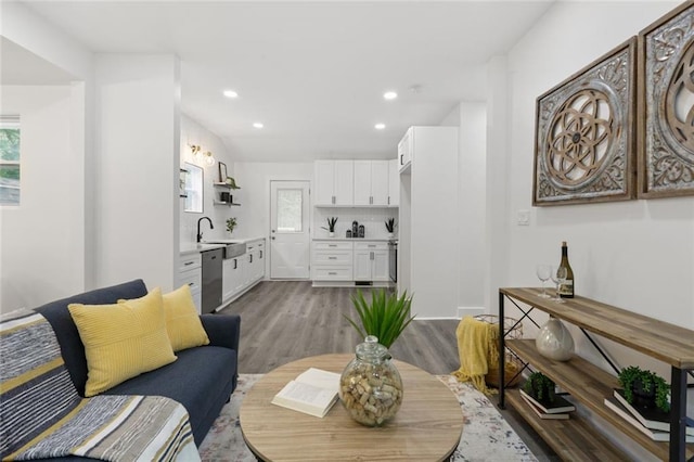 living room with light hardwood / wood-style floors and sink