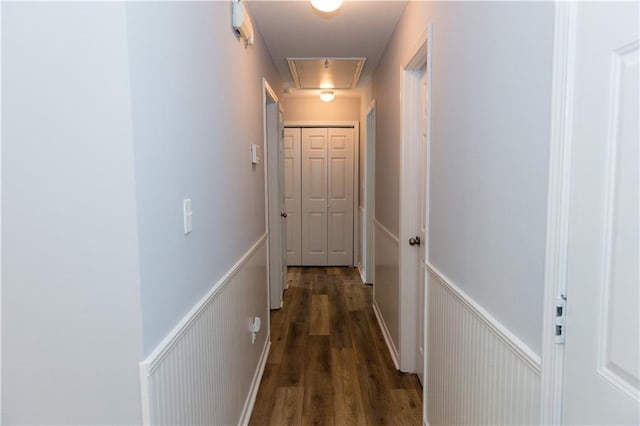 1043 Foxhollow Trl, Canton, GA 30115 - hall with attic access, a wainscoted wall, and wood finished floors