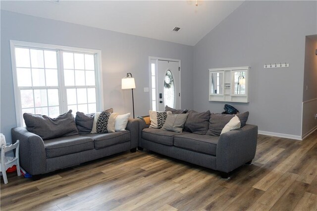 1043 Foxhollow Trl, Canton, GA 30115 - living room featuring wood finished floors, high vaulted ceiling, and baseboards