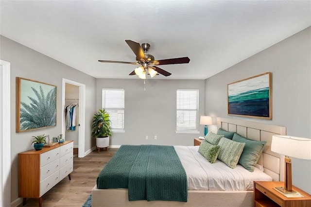 bedroom with ceiling fan, hardwood / wood-style flooring, a walk in closet, and a closet