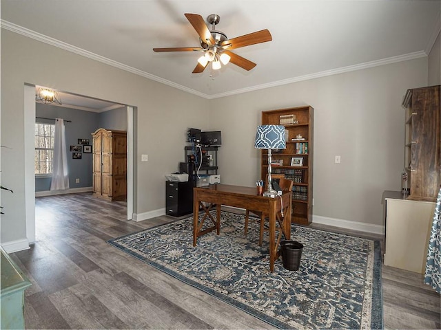 office space with ornamental molding, baseboards, ceiling fan, and wood finished floors