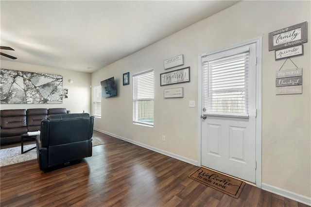 foyer featuring ceiling fan and dark hardwood / wood-style flooring