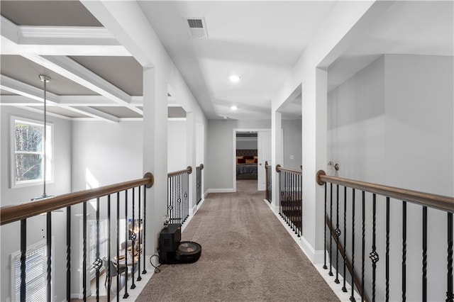 hallway with coffered ceiling and carpet