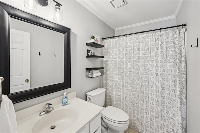 bathroom with toilet, ornamental molding, vanity, and a shower with shower curtain