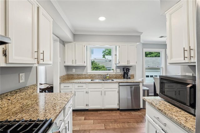 kitchen featuring appliances with stainless steel finishes, ornamental molding, a sink, white cabinetry, and wood finished floors