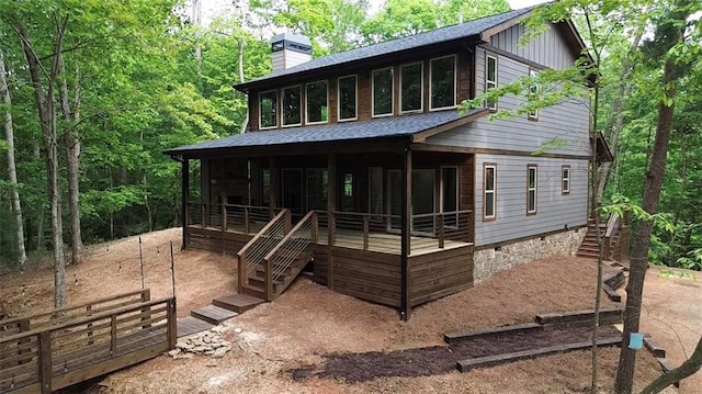 34 Cherry Ct, Ellijay, GA 30540 - view of front of house featuring stairway, a chimney, a shingled roof, and a porch