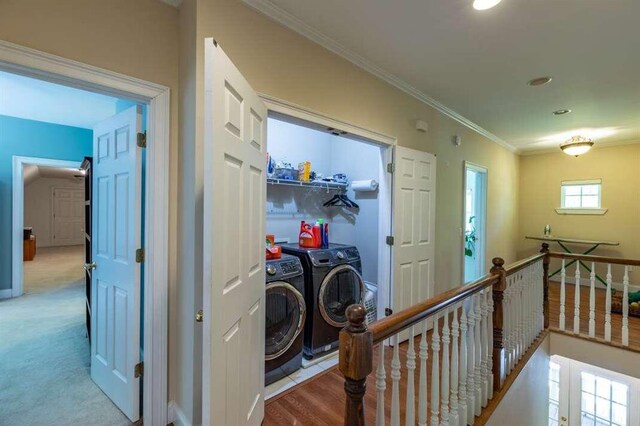 hall with light carpet, independent washer and dryer, and crown molding