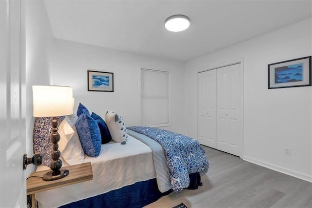 bedroom featuring wood finished floors, baseboards, and a closet