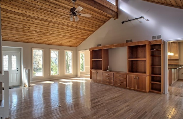 unfurnished living room with wood ceiling, a ceiling fan, visible vents, high vaulted ceiling, and wood-type flooring