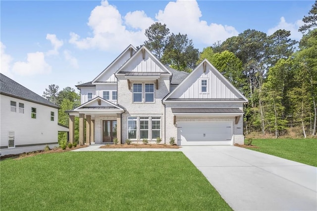 craftsman inspired home featuring a front lawn, a standing seam roof, driveway, brick siding, and board and batten siding