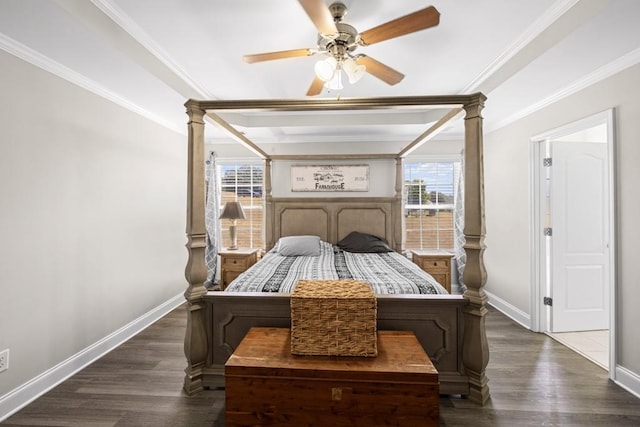 bedroom featuring crown molding, decorative columns, dark hardwood / wood-style floors, and ceiling fan