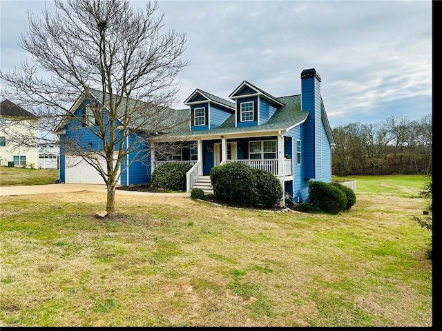 cape cod house featuring covered porch and a front lawn