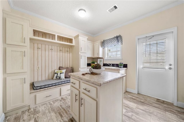 kitchen featuring ornamental molding, a center island, visible vents, and light wood-type flooring