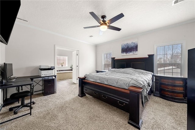 bedroom featuring multiple windows, a textured ceiling, light carpet, and crown molding