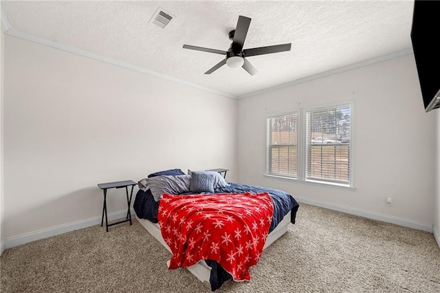 bedroom featuring visible vents, crown molding, and carpet floors