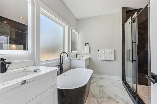 bathroom with shower with separate bathtub and vanity