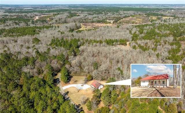 birds eye view of property featuring a forest view