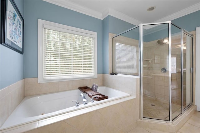 bathroom with tile patterned flooring, independent shower and bath, and ornamental molding