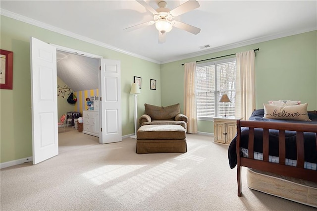 bedroom with carpet flooring, a closet, ceiling fan, and crown molding